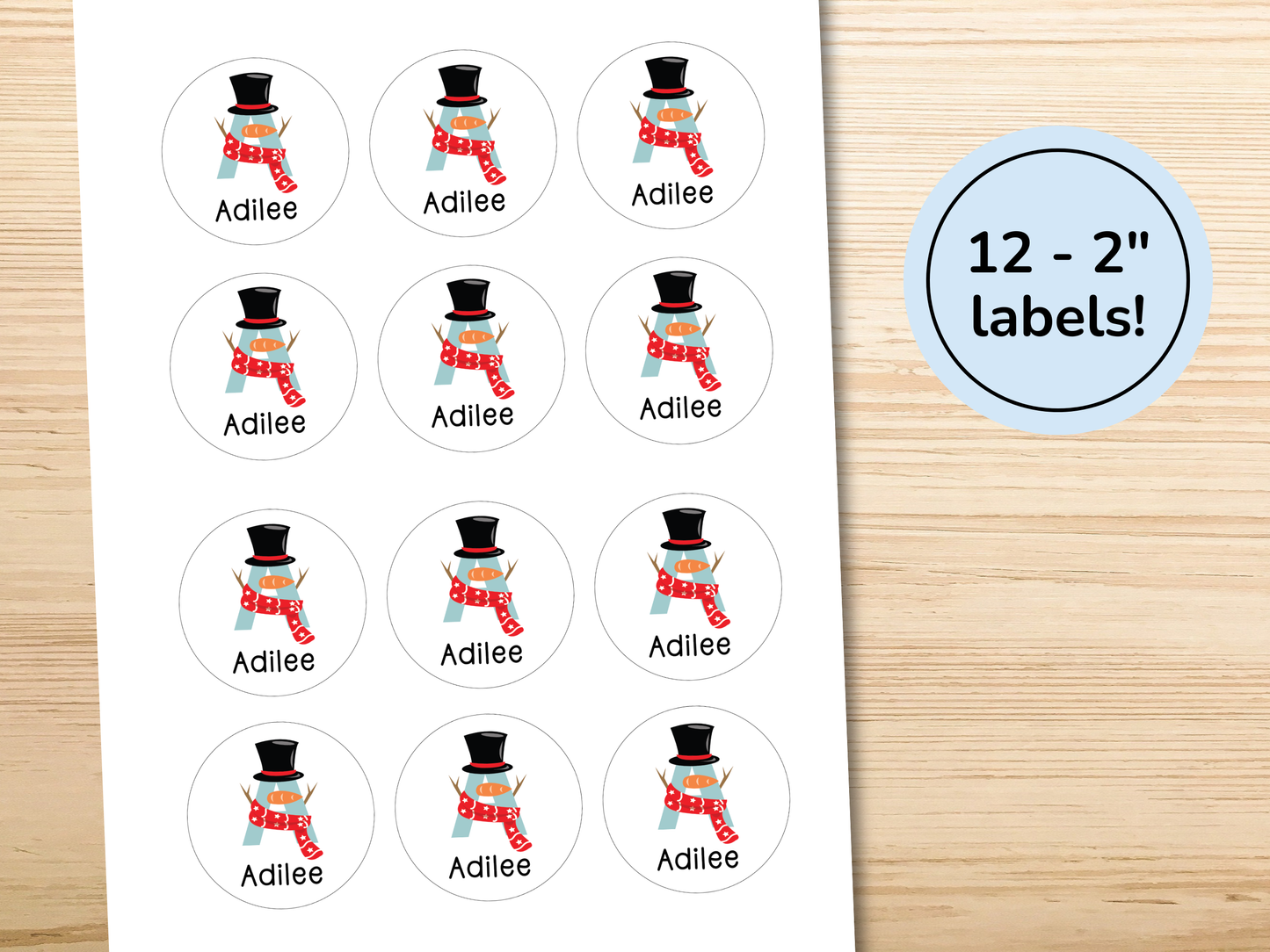 Personalized Snowman Monogram Gift Labels (Set of 12)